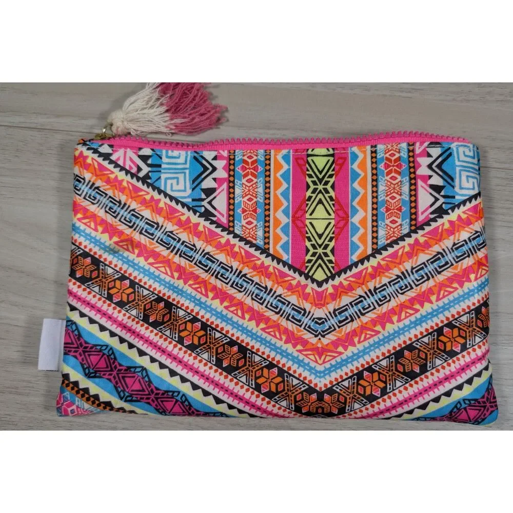 London Soho Co Cosmetic Bag Tribal Pattern Zip Pouch Tassel Makeup Bag